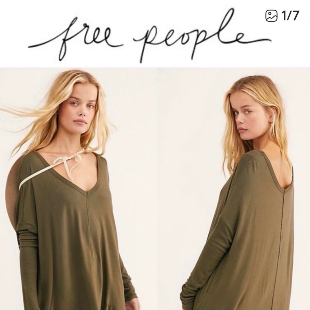 Free People Olive Green Long Sleeve V-Neck Tee